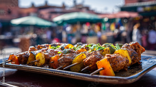 Grilled Moroccan meat brochettes with Jemaa el-Fnaa background