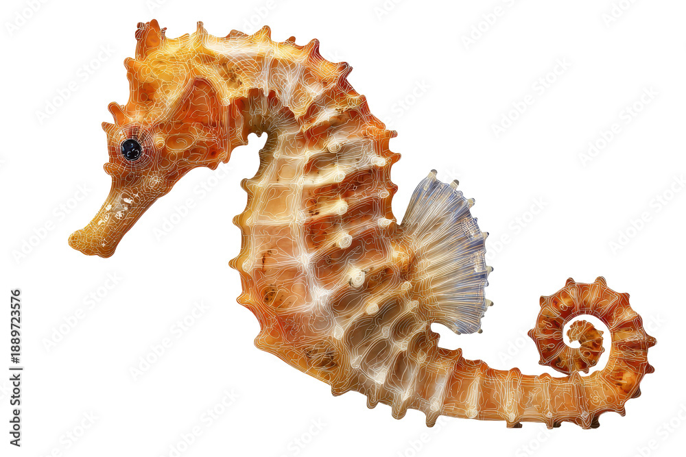 Obraz premium Detailed orange and white striped seahorse isolated on transparent background. Orange seahorse marine animal detailed view, curling tail isolated on white background.