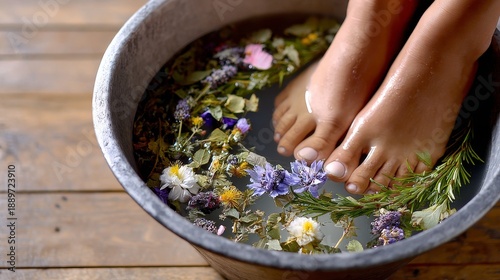 Woman soaking bare feet in a rustic stone basin with water and various colorful flowers. Spa treatment and relaxation concept.
