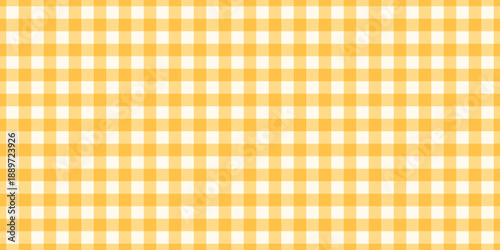 Yellow gingham fabric seamless pattern. Cute check plaid. Picnic kitchen tablecloth texture. Gingham square vintage texture. Vector illustration isolated on white background.