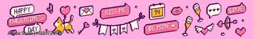 Pixel art Happy Valentine's Day 3d elements. Cute cat with balloon, speech bubbles with love phrases, bow and arrows, emoji on pink backgrounds.