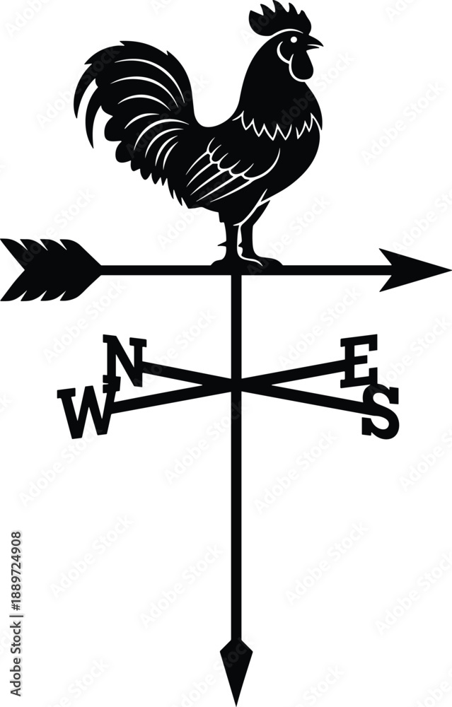 Fototapeta premium Minimal vector silhouette of a rooster weathervane with directional arrows (W, E) and an arrow pointing forward, solid black, isolated on a white background.