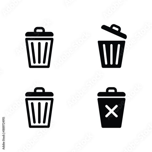 Four different trash can icons with various statuses