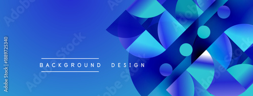 Abstract blue design features overlapping circles, gradients, dynamic shapes. Text reads background design. Modern aesthetic.