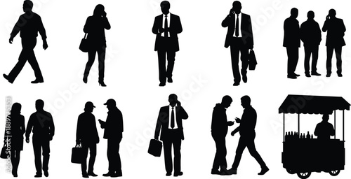 Business people and street vendor silhouettes vector collection set