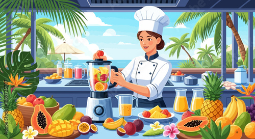 Chef Preparing Fresh Fruit Smoothie in a Tropical Kitchen