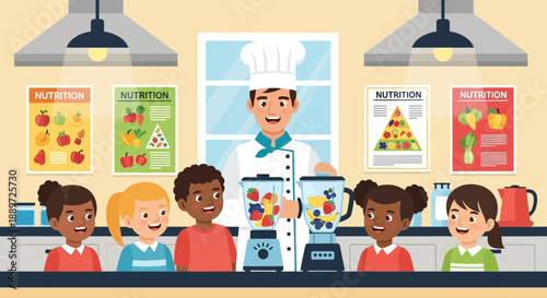 Chef teaching children about healthy eating and nutrition