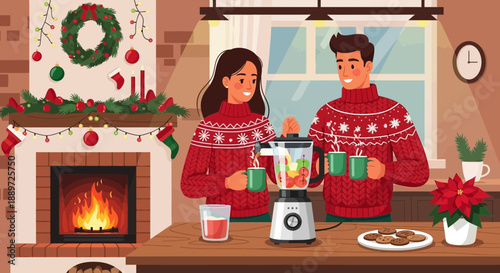 Couple enjoying holiday drinks by the fireplace