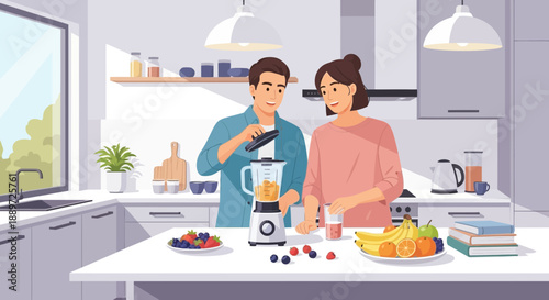 Couple Preparing Healthy Smoothies Together in Kitchen