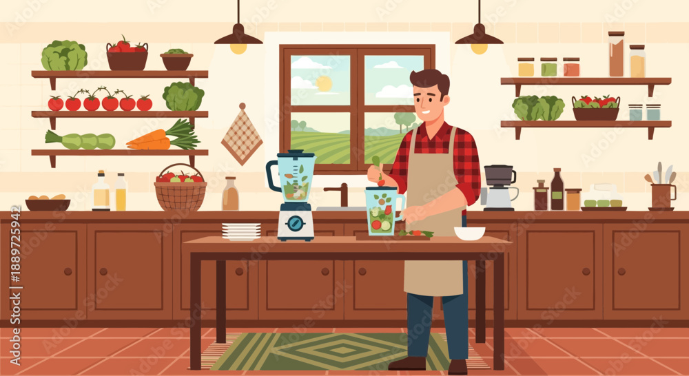 Fototapeta premium Man Cooking in Modern Kitchen with Blender and Ingredients