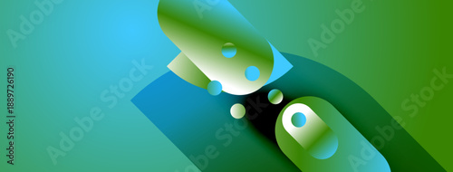 Abstract shapes overlap, creating dynamic composition. Green, blue hues dominate design, suggesting fluidity, movement. Smooth gradients enhance visual appeal.