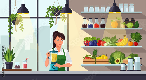 Woman preparing healthy drink in a modern cafe setting with fresh fruits and vegetables on shelves