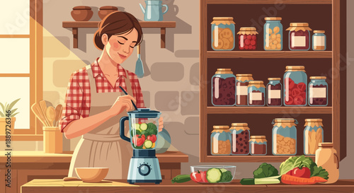 Woman preparing healthy smoothie in kitchen with fresh vegetables