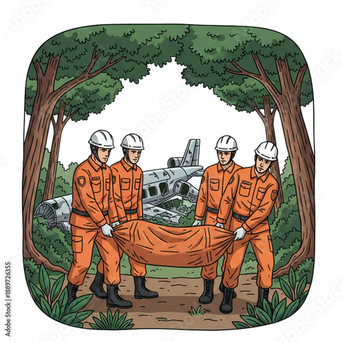 Illustration of a search and rescue team carrying body bags of victims of a plane crash in the forest.