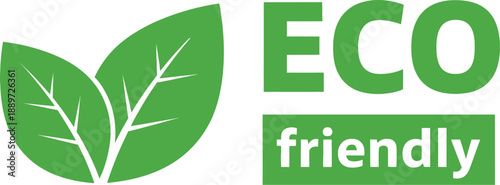 Graphic design featuring two vibrant green leaves alongside bold text clearly indicating an eco friendly label suitable for sustainable product certification marking