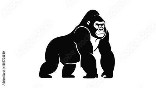 a striking black gorilla silhouette standing powerfully against a white background