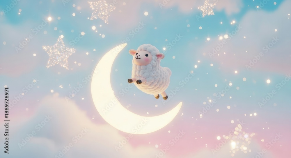 Obraz premium Adorable fluffy creature enjoys a playful ride on a glowing crescent moon surrounded by sparkling celestial elements