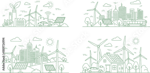 Collection of four distinct green energy concept illustrations showcasing sustainable development integration across urban rural and residential environments using renewable power sources