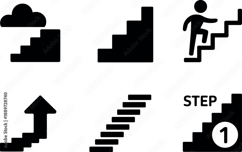 Fototapeta premium Black Silhouette Icons Representing Steps and Progress