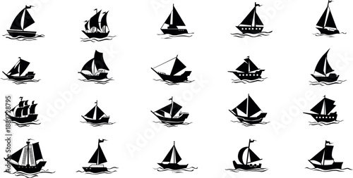 Collection of black silhouette sailboat icons on white Keywords: sailboat, ship, boat, sailing