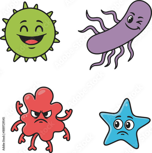 Set of four colorful cartoon virus and bacteria characters with different facial expressions. Vector illustration collection featuring a laughing green microbe, a winking purple rod-shaped germ, an an