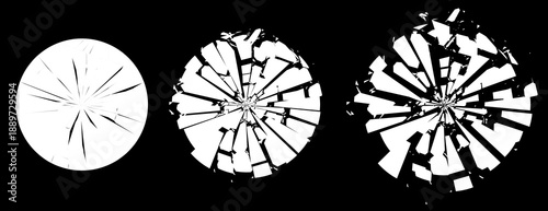 Broken Glass Circles with Cracks. Abstract Comic Book Flash Explosion Blast Radial Lines. Shattered, Fractured and Broken Geometric Circles. Damaged Texture. Vector Illustration.