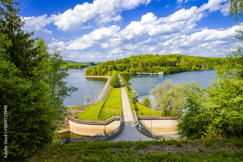 View of the landscape at the Große Dhünn reservoir. Nature in the Bergisches Land region near Wermelskirchen and Bergisch Gladbach.
