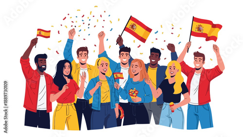 Diverse group of people celebrating with Spanish flags waving and confetti in the air on a white background with a festive mood.
