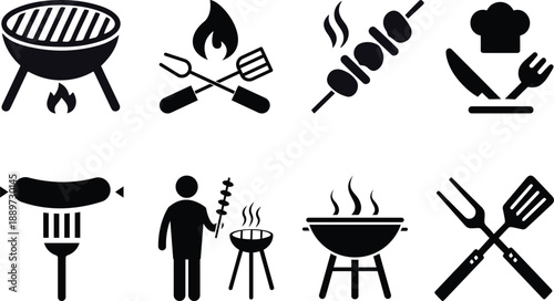 BBQ grill icon set. Barbecue, bar-b-q, spatula, grill fork, picnic, fire - stock vector.Barbecue grill silhouette set isolated on white background. Black-white elements for design. Stock vector 