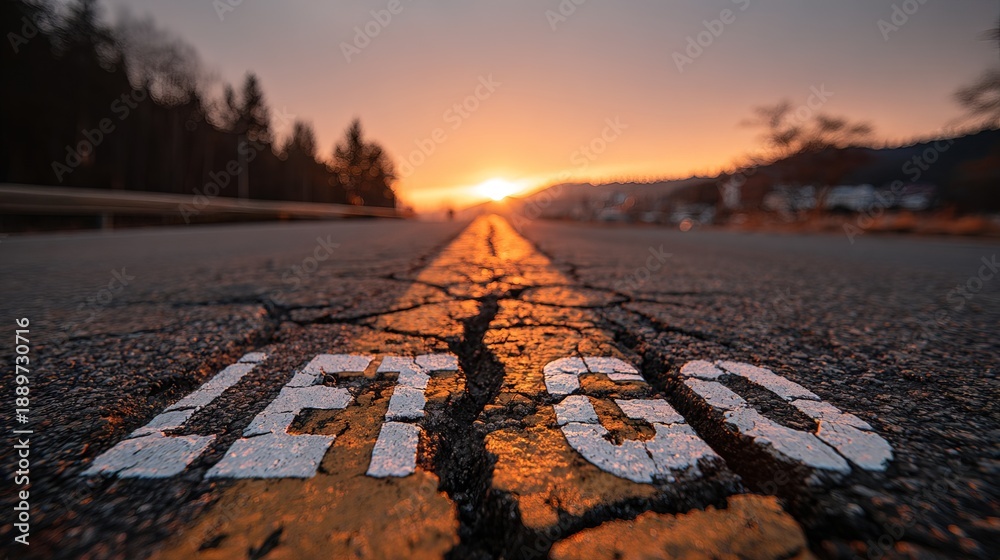 Naklejka premium Inspirational Asphalt Road Leading to Sunrise with Let's Go Painted on Surface