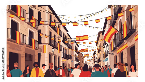 Vibrant street scene of people walking in a European city with Spanish flags hanging above on a bright day.