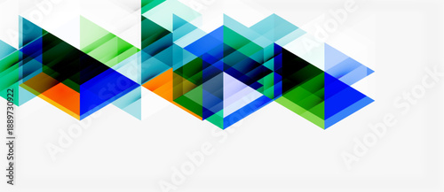 Abstract geometric shapes overlap, creating dynamic visual flow. Blue, green, orange hues dominate white background. Modern design element.