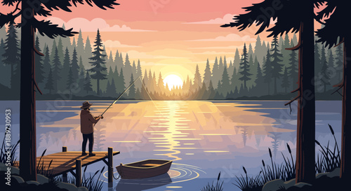 Man fishing on a serene lake at sunset