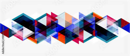 Abstract geometric pattern. Overlapping triangles create dynamic visual flow. Blue, red, orange hues dominate composition. Minimalist design.