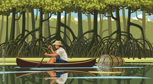man in canoe paddling through serene mangrove forest waters