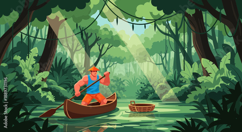 Man paddling a canoe through a serene forest river landscape