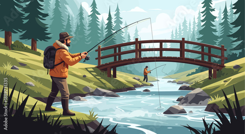 Serene River Fishing Scene with Wooden Bridge and Lush Surroundings