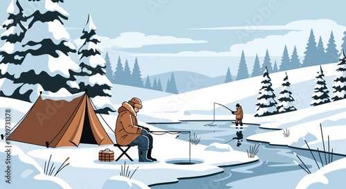 Winter fishing on a frozen lake in a snowy landscape