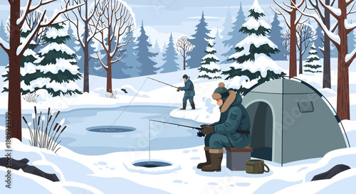 Winter Ice Fishing on a Frozen Lake in Snowy Forest