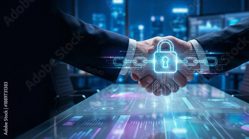 Digital Identity & Zero Trust. Digital handshake symbolizes zero trust in identity security systems
