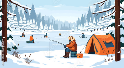 Winter Wonderland Ice Fishing Scene with People on Frozen Lake