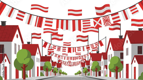 Illustration of a street lined with white houses and red roofs, adorned with numerous red and white flags and banners, trees on either side, conveying a festive atmosphere with a