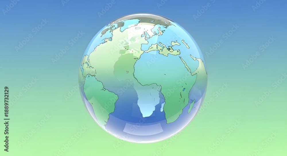 Naklejka premium Translucent bubble globe with green blue and beige continents centered on Europe and Africa transparent