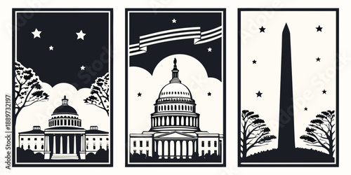 Washington DC Landmarks Triptych – Retro Jefferson Memorial Capitol Washington Monument Illustration, Vintage Americana Poster, Bold Black & White City Art, USA, US, United States
