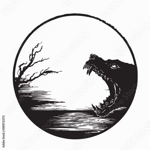 Roaring Vampire at Sunset Silhouette Vector on White Background
