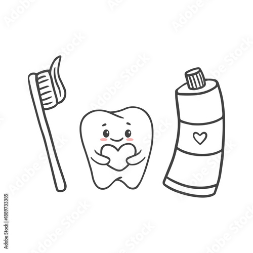 Cute cartoon tooth on a white background. Funny tooth with toothpaste and toothbrush. Tooth in doodle style. Vector illustration 