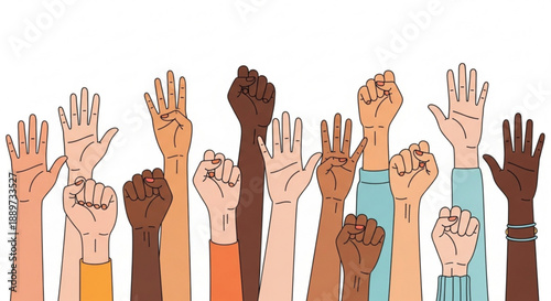 Diverse Hands Raised Up in Unity and Solidarity, Multiracial People Vector Illustration