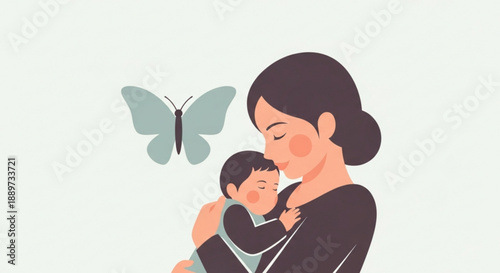 Mother Holding Baby in Sling with Butterfly, Love, Tenderness and Cartoon Style