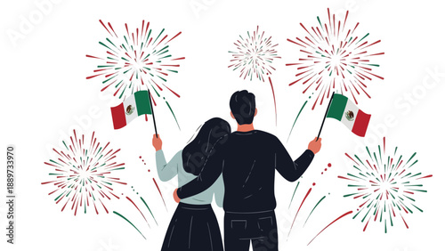 Silhouette of a couple waving Italian flags with fireworks exploding in the background on a white isolated backdrop.