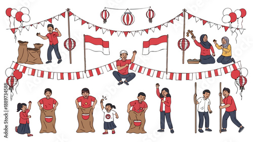 Illustration of diverse people participating in sack race and hanging decorations with red and white flags and balloons on a white background.